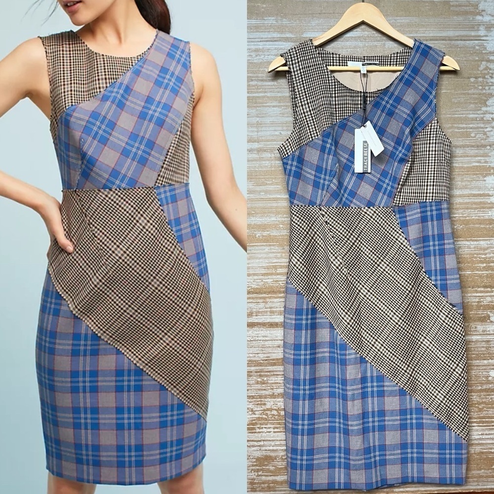Anthropologie Blue and Tan Plaid Patchwork Sheath Dress
